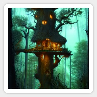 Magical Cottage Tree House with Lights in Forest with High Trees, Scenery Nature Sticker